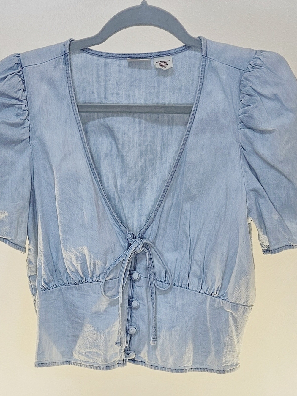 Levi's Pale Blue Tie-Front Puff Sleeve Top